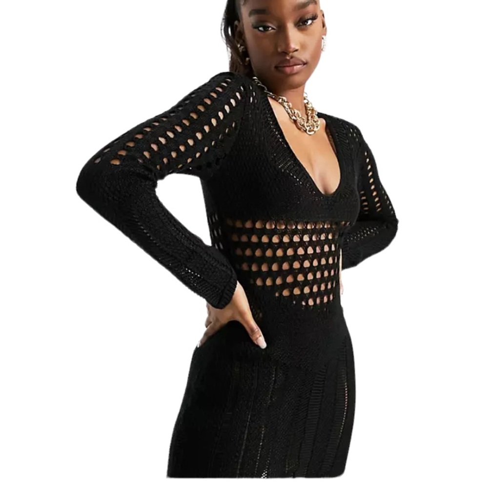 Knit cover up mini dress black